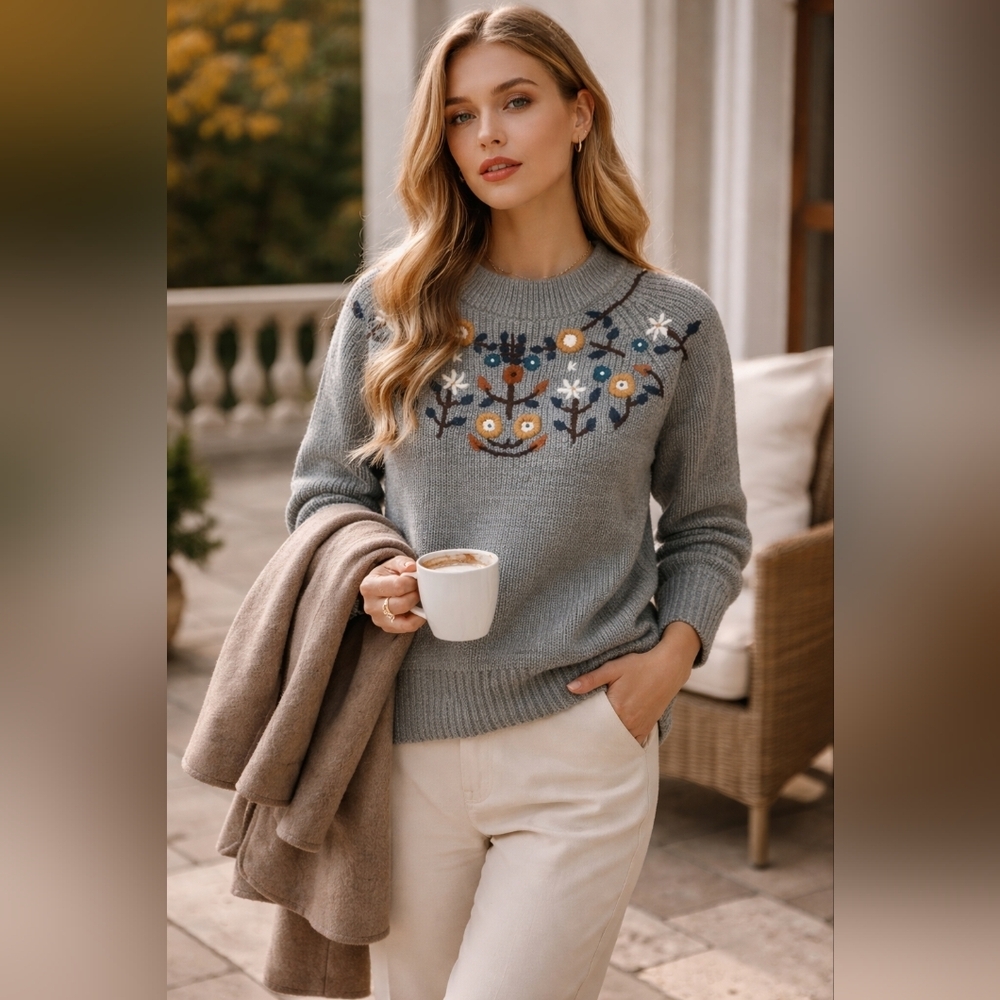 Zara Embroidered Handknit Floral Chunky Knit Sweater Gray Size Medium